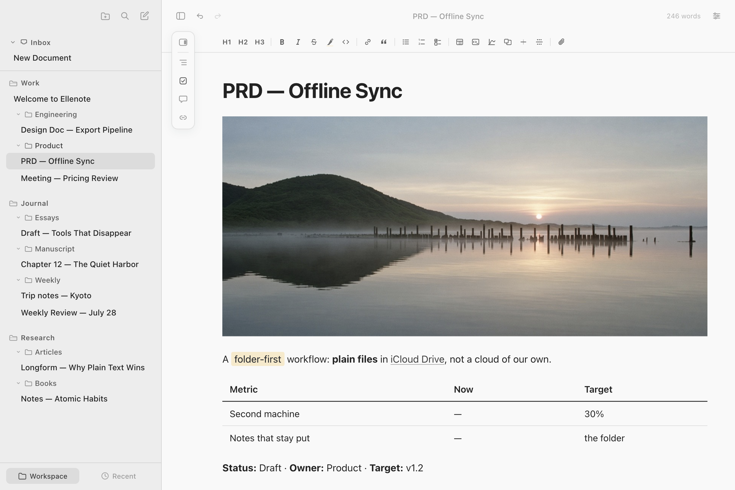 Ellenote open on a product note: a wide photograph under the title, a sentence with a highlight and a link, and a small table, with notes from three workspaces in the sidebar