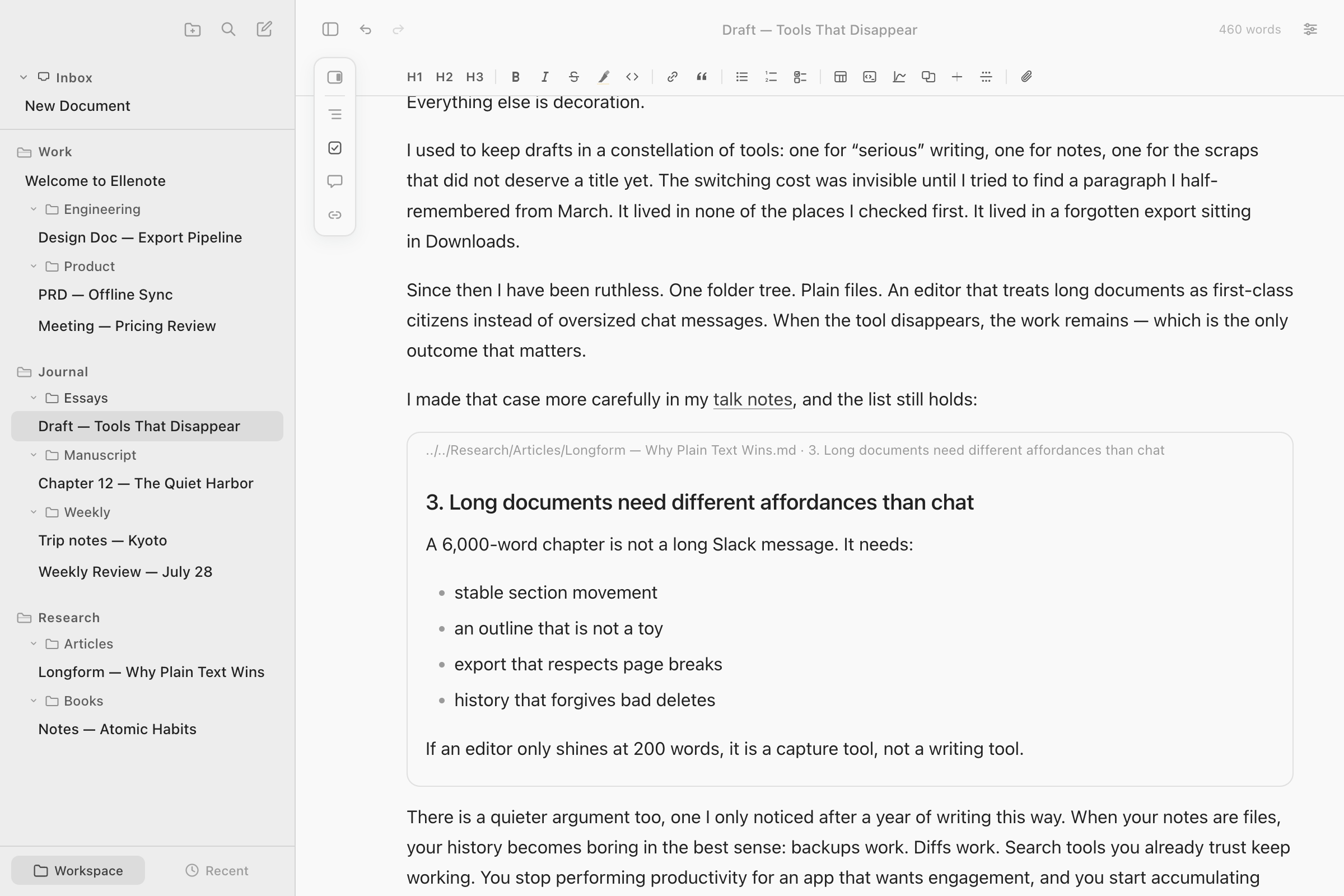 An essay draft open in Ellenote. In the middle of the page, a framed block shows a section from a different note in the Research folder, with its headings and list, under a small line naming where it comes from. The sidebar shows the Work, Journal, and Research folders with their notes.