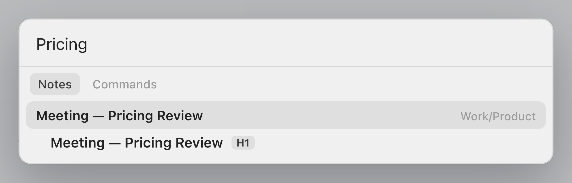 Quick Open with a filename typed, and the matching note listed.