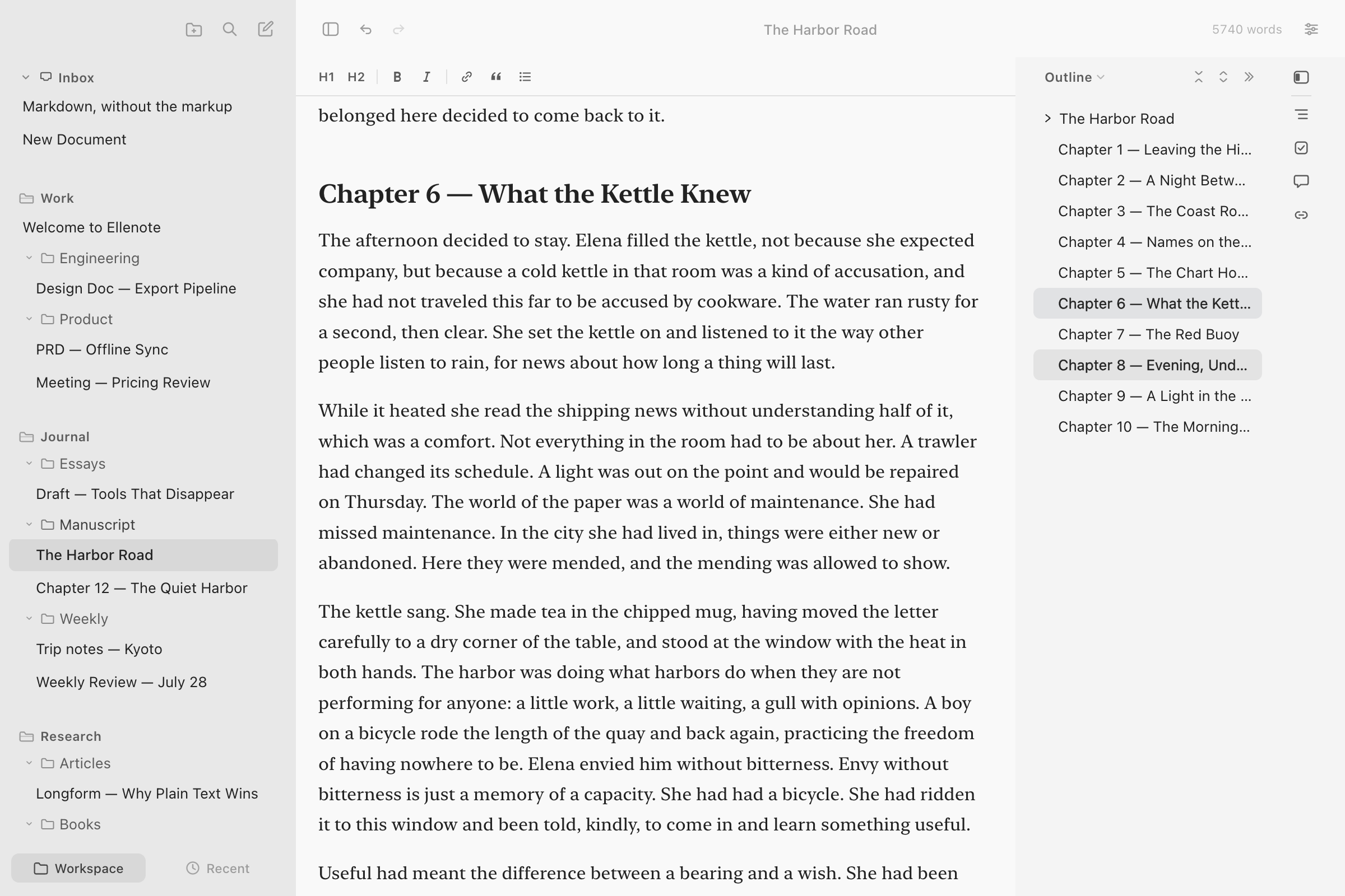 A ten-chapter manuscript with the outline on the right in Ellenote