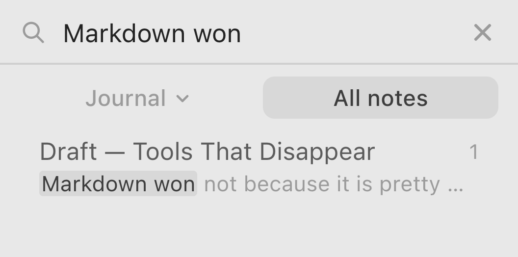 Search across notes, with the matching phrase highlighted under the note.