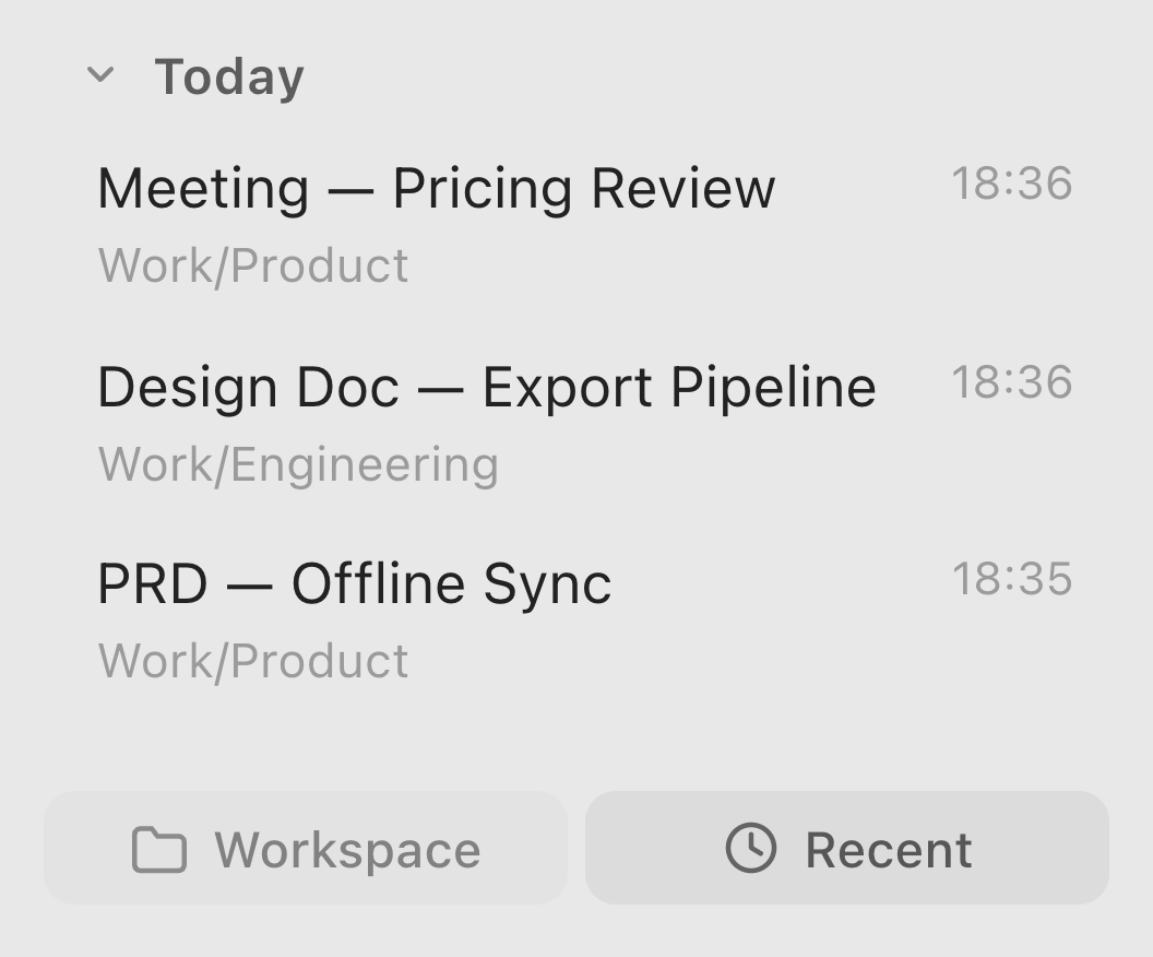 Recent view, with notes from today and the Recent tab selected.